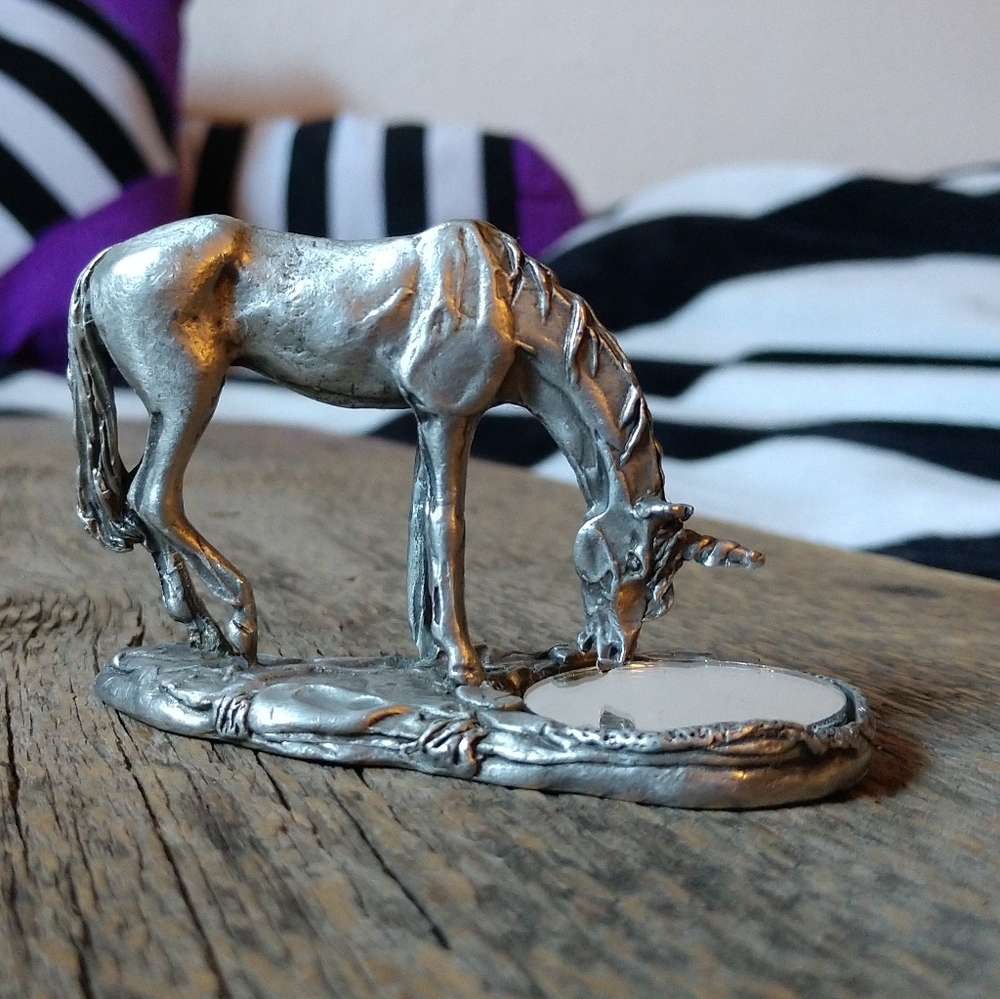 Pewter solid unicorn mirror pond